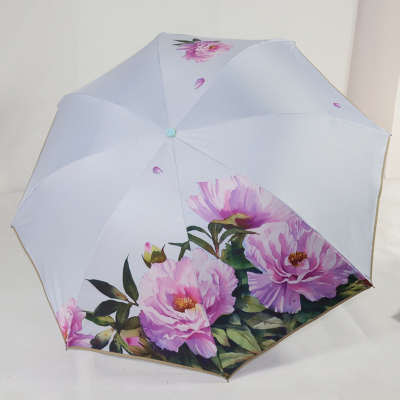 双层复古黑胶伞防晒防雨晴雨伞三折叠遮阳伞太阳伞米魁女双面印花牡丹蓝色