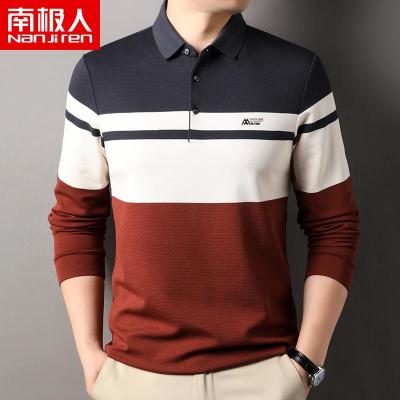 南极人男士长袖t恤翻领条纹宽松2025春秋新款中年保罗Polo衫上衣