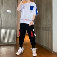 SUNTEK夏季男短袖t恤青少年韩版潮流帅气一套搭配衣服潮牌休闲运动套装夹克