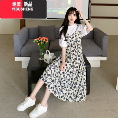 YIBUSHENG季大码上衣拼接雪纺碎花背带连衣裙子胖mm韩版宽松遮肚子两件套