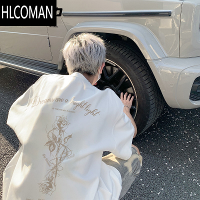 HLCOMANNELY短袖t恤男夏季玫瑰印花情侣美式潮牌宽松半袖体恤
