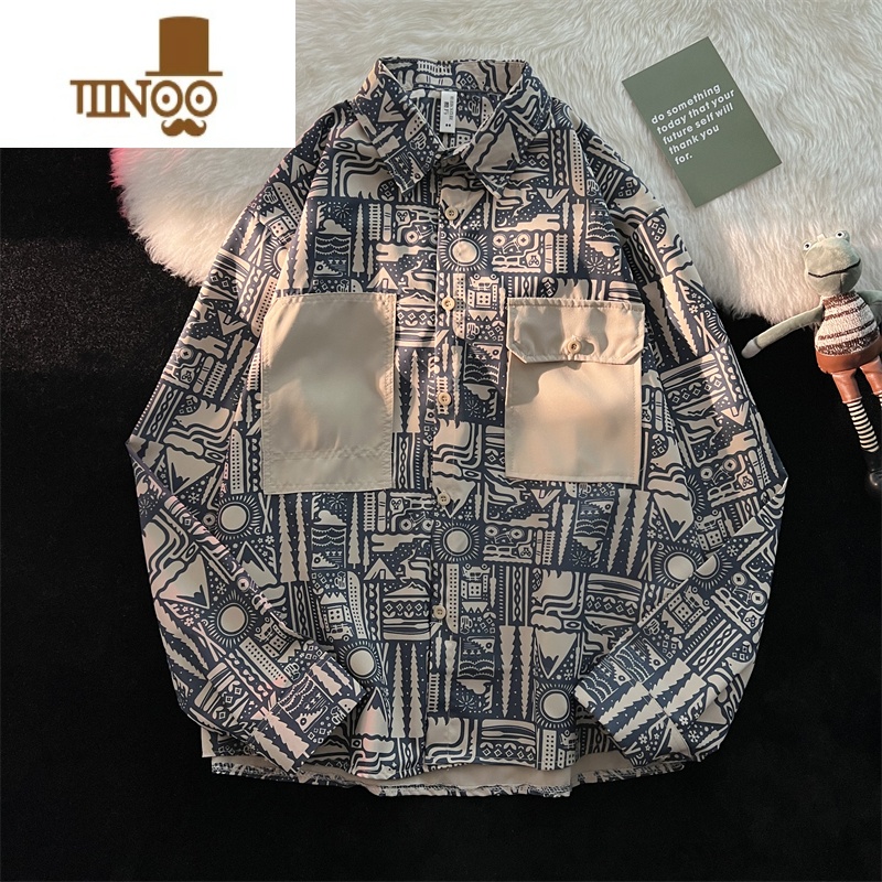 YANXU日系复古长袖花衬衫男ins潮牌痞帅满印工装衬衣休闲潮流外套