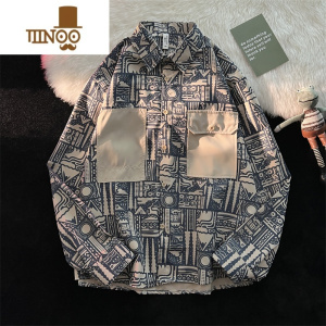 YANXU日系复古长袖花衬衫男ins潮牌痞帅满印工装衬衣休闲潮流外套