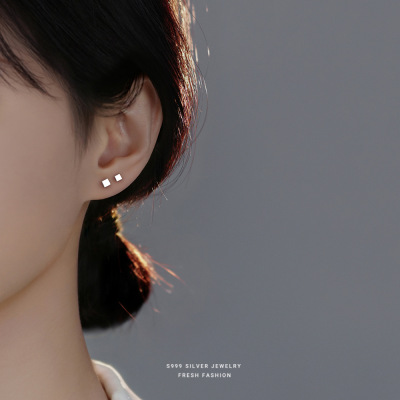 s999纯银耳钉养耳洞女睡觉免摘耳骨钉百搭足银小方块小巧简约耳饰送女朋友老婆情人节七夕生日礼物
