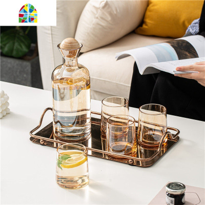 日式创意冷水壶玻璃可高温大容量轻奢北欧凉水壶水杯套装家用客厅 FENGHOU 钢盖香槟色一壶四杯+托盘(HS2133)