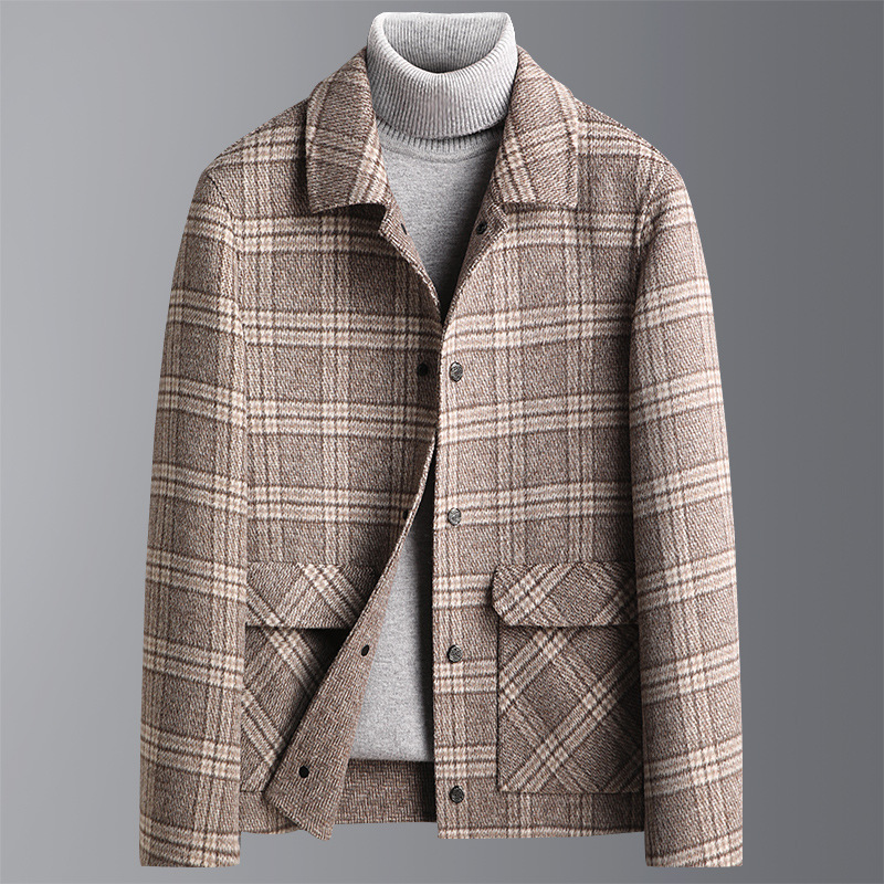 秋冬新款短款羊毛双面呢呢大衣男加厚格子双面呢羊毛大衣男装外套