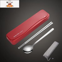筷子勺子套装餐具盒便携学生单人装三件套不锈钢叉子外带收纳盒 红盒-本钢色筷勺 敬平