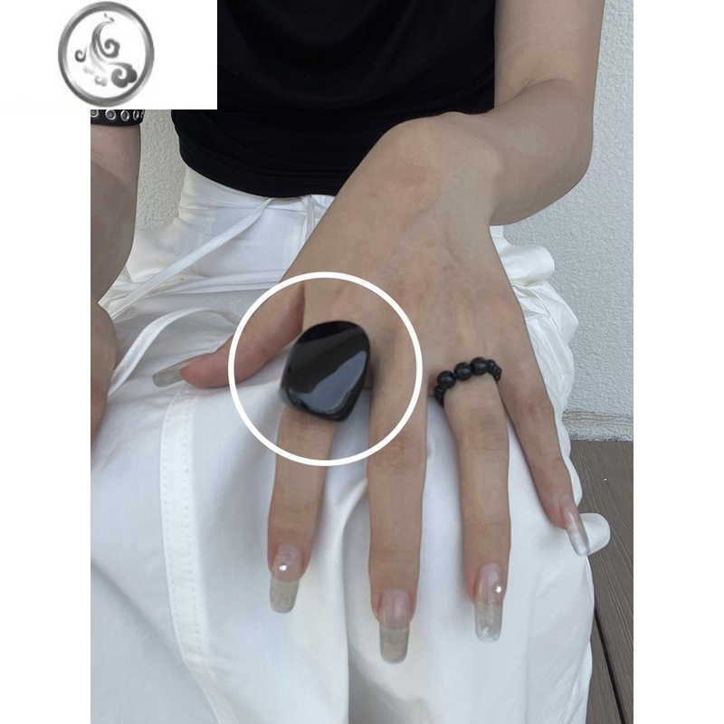 JiMi黑色亚克力珠珠戒指大方型树脂食指戒小众设计指环简约几何戒指