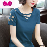 七斓短袖t恤女V领上衣2022新款修身ins潮气质镂空半袖中年妈妈t桖夏装