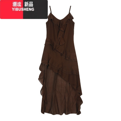 YIBUSHENG法式复古不规则荷叶边连衣裙女装季辣妹吊带裙a字长裙小众裙子