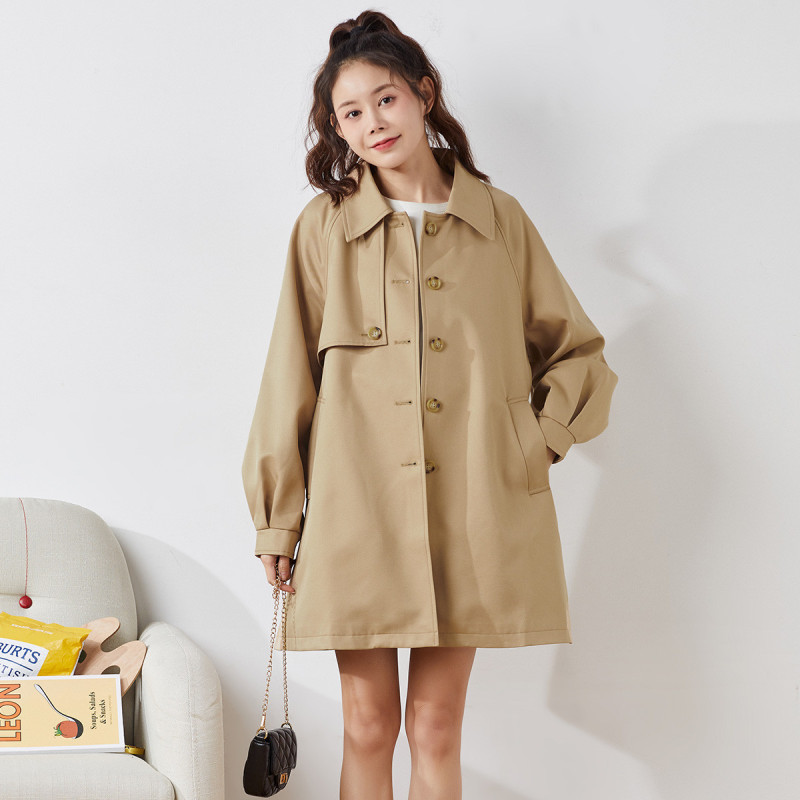 4元,叠加优惠券]唐狮秋季外套女宽松斜插口袋开衫上衣中长款小众风衣