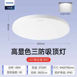 飞利浦(PHILIPS)全光谱LED三防灯吸顶天花灯IP40防潮防尘防蚊防虫简约节能灯48W白光5700K尺寸420mm