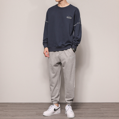 班俏BANQIAO2021年秋季休闲运动套装男时尚百搭九分裤套装长袖卫衣套装男帅气运动卫衣套装男装zx017深蓝+zx0505灰色L