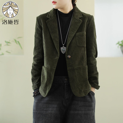 语娄灯芯绒外套女新款春秋冬夹棉厚条绒西服棉衣棉服女士短复古小西装2021西装