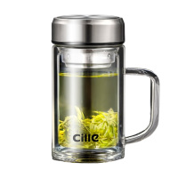 希乐玻璃杯620ml耐高温带把手双层隔热钢本色DS-1008