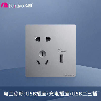飞雕(FEIDIAO)开关插座面板 86型暗装五孔带1USB 家用商用插座面板 A7月光银五孔带一位USB 2.4A