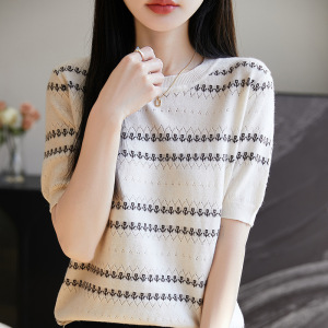 夏季新款提花挑孔条纹针织衫女薄款圆领短袖上衣T恤女