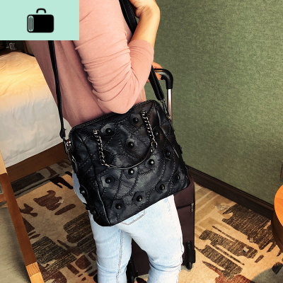 2020新款女包单肩包女包休闲时尚双肩包三用拼接手提包百搭斜挎包NEW LAKE 黑色女斜挎包