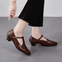 26春夏新法式复古棕色方头真皮粗跟镂空小众玛丽珍牛皮编织单鞋女