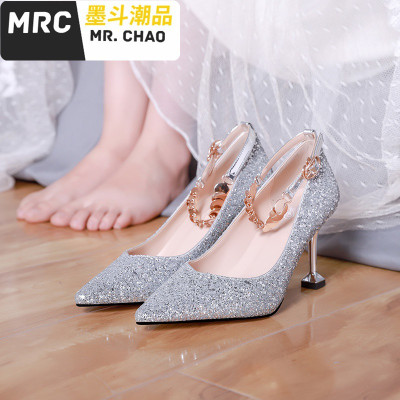猫跟高跟鞋婚鞋女2019新款一字带水晶鞋婚纱新娘鞋银色亮片高跟鞋墨斗潮品休闲鞋