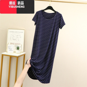 YIBUSHENG条纹连衣裙女季薄款莫代尔短袖长裙打底裙百搭睡裙大码休闲裙子