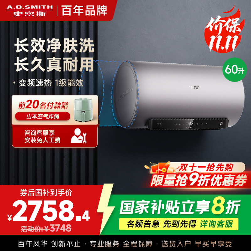 AO史密斯电热水器60升 国家补贴 80吨长效净水洗 免清洗 3kW变频速热 金圭特护 E60ED6-B短款