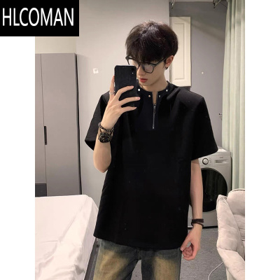 HLCOMAN高级感半拉链垫肩t恤男铆钉设计感短袖美式高街cleanfit半袖