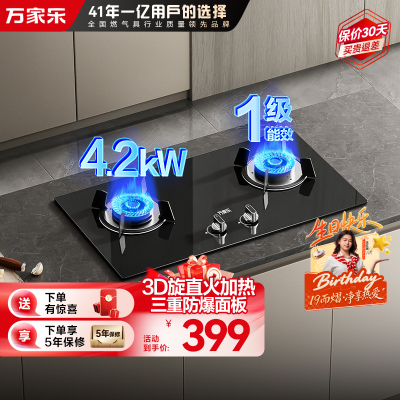万家乐 双高火燃气灶煤气灶灶台嵌两用灶具 4.2kw烈火燃气灶 煤气灶 钢化玻璃双灶嵌入式 天然气JZT-KA031B