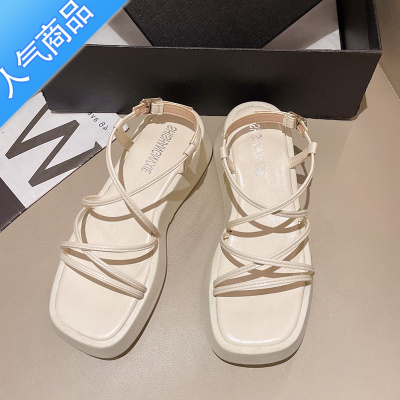 SUNTEK罗马凉鞋女2023年新款夏季网红仙女风交叉细带松糕厚底露趾沙滩鞋