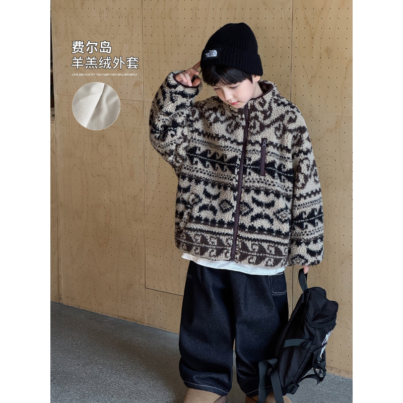 童酷男童冬季新款时尚拉链立领宝宝上衣费尔岛毛绒儿童外套潮