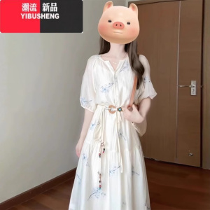 YIBUSHENG法式高级感碎花短袖连衣裙子女季2024新款温柔气质系带收腰长裙