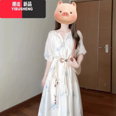 YIBUSHENG法式高级感碎花短袖连衣裙子女季2024新款温柔气质系带收腰长裙