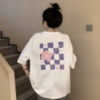 [2.5折价47.8元叠加优惠券]唐狮夏季短袖T恤女圆领背后棋盘格小花印花学院风ins