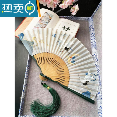 XIANCAI古风折扇子女仙鹤绿色白色折叠小竹扇表演旗袍汉服便携中国风复古 绿色