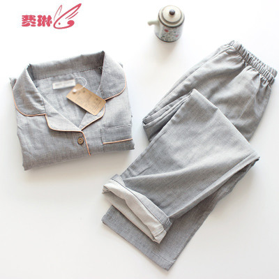 日系双层纱布女棉长袖服套装空调服成人夏季睡衣费琳