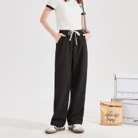 [8.5折价110.4元叠加优惠券]唐狮女运动裤春秋新款宽松休闲肌理感黑色高腰阔腿长裤垂感D