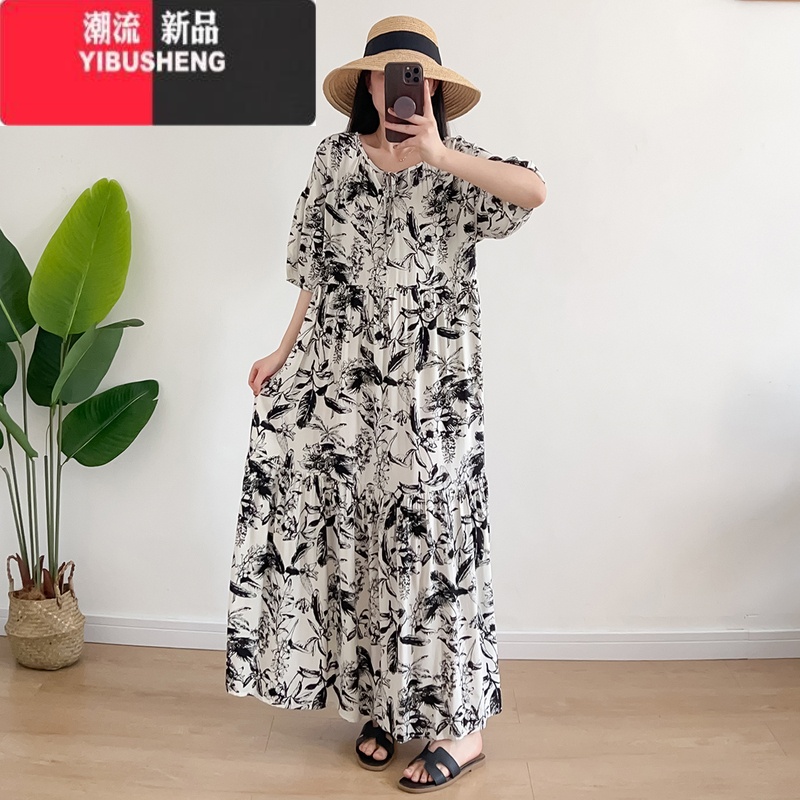 YIBUSHENG季女士棉绸连衣裙宽松大码显瘦遮肉人造棉大摆裙短袖防晒沙滩裙