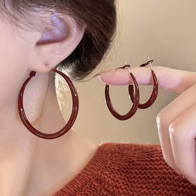 复古港风酒红色素圈大耳环女轻奢高级感亮面耳圈时髦个性夸张耳饰送女朋友老婆情人节七夕生日礼物