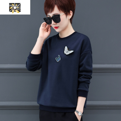 暖青汇卫衣女圆领宽松秋冬加绒加厚韩版2020新款中年妈妈无帽洋气上衣潮卫衣