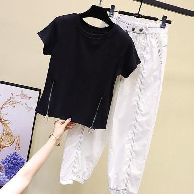 大码女装200斤胖妹妹春夏新款套装女洋气T恤显瘦休闲九分裤两件套15天内发货-