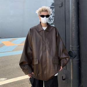 男装复古潮流宽松机车PU皮衣夹克男新款春秋季美式百搭上衣男外套