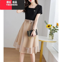 YIBUSHENG小个子方领网纱拼接假两件连衣裙季2024年新款大码收腰显瘦裙子