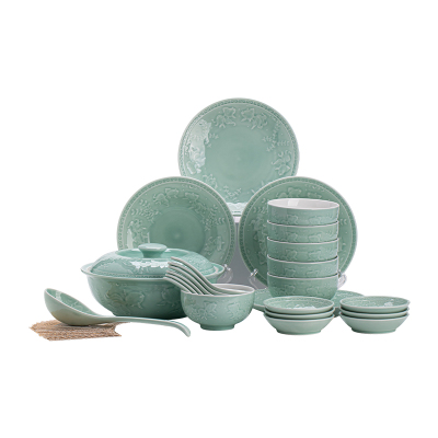 苏氏陶瓷 SUSHI CERAMICS 青瓷套装餐具年年有余25头陶瓷盘碗礼盒装节日礼物