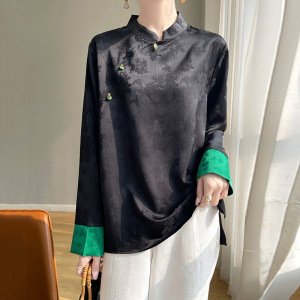 新中式立领撞色提花盘扣缎面衬衫女春新款复古时髦轻国风上衣