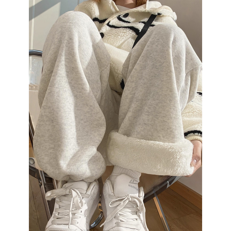 加绒运动裤女新款秋冬季加厚棉裤外穿宽松束脚羊羔绒阔腿卫裤_999