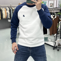 秋冬新款潮流美式加绒战马刺绣长袖T恤男潮牌拼接撞色高级感卫衣
