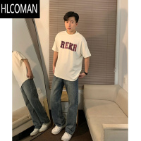 HLCOMAN发泡字母印花短袖男夏季新款潮流落肩五分袖高级感小领口t恤