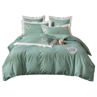 美帮汇冬天四件套60支长绒棉加厚全棉全棉磨毛被套欧式简约大气床单 绿