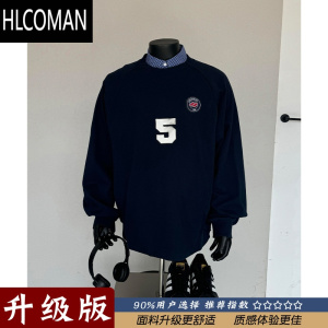 HLCOMAN藏青色圆领卫衣男潮牌美式复古运动球衣风长袖t恤棒球服外套