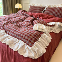 A类母婴级双层纱床上四件套复古风蕾丝花边床单被套宿舍款三件套4